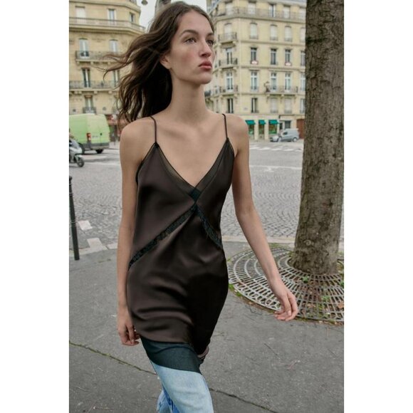 ZARA ASYMMETRIC SATIN EFFECT MIDI DRESS - Picture 1 of 8